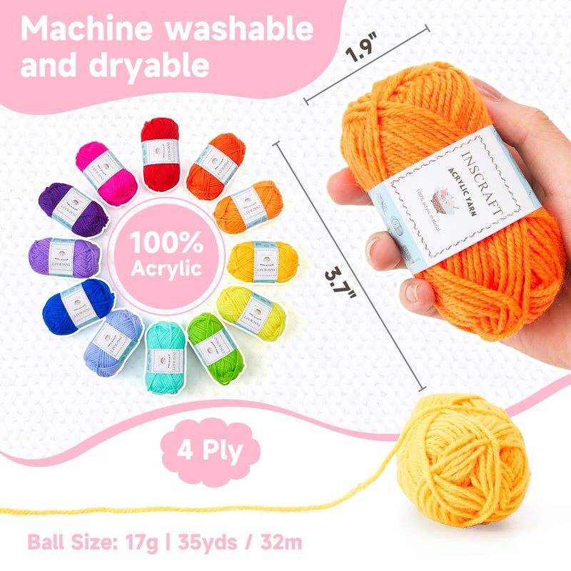 INSCRAFT 48 PCS Crochet Yarn Kit, 1400 Yards 40 Colors Acrylic Yarn Skeins, 2 Crochet Hooks, 2 Weaving Needles, 4 Stitch Markers, 1 Bag, for Crocheting & Knitting, Gift for Beginners and Adults - Image 4